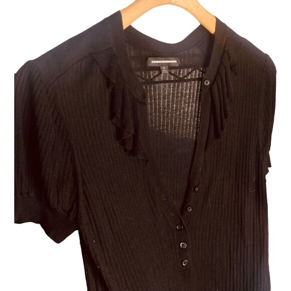 Express | Ribbed Ruffle Button Knit Top Black | Size L | EUC - Picture 6 of 10